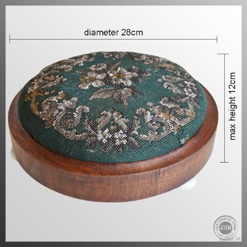 fig 1. Small Round Foot Stool Antique Tapestry Mahogany c1830
Footstool - Bead work Textile China Bun Feet - Regency