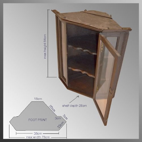 fig 1. Oak Glazed Corner Cupboard Cabinet Antique c1800
Georgian Hanging Display Case Triple Aspect Glass Front