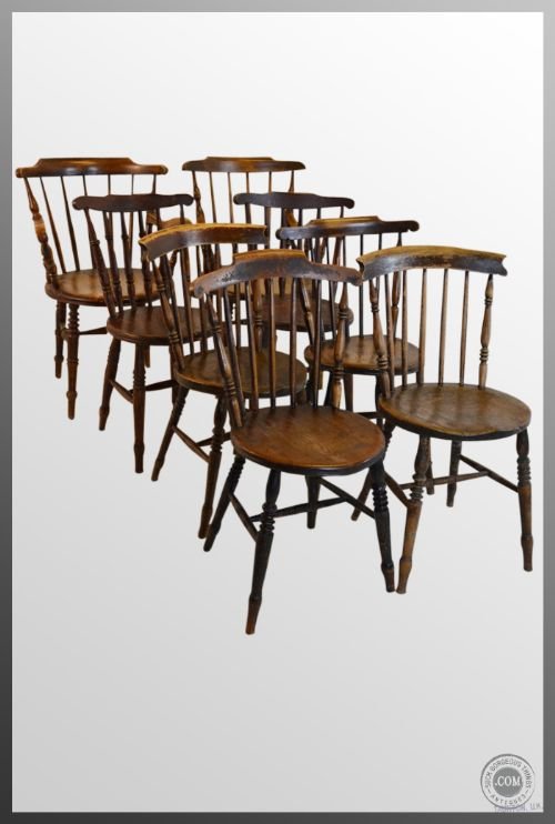 Set Eight 8 Kitchen Dining Antique Windsor Chairs C1900
including Carvers - Elm & Beech - Stick Back Country