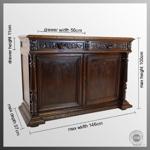 fig 1. Oak Cabinet Carved Cupboard Antique Victorian c1860
Twin Drawers - Superb Carving - Excellent Condition