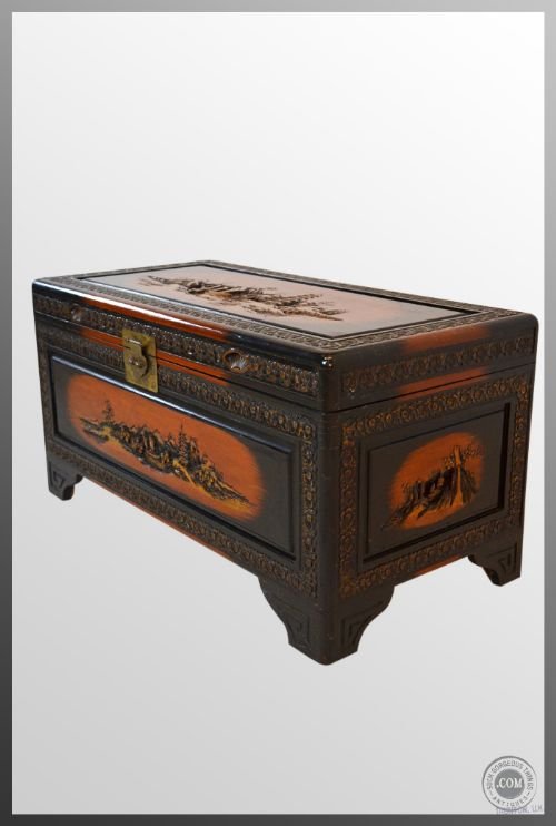 Camphor Wood Storage Trunk Shipping Chest Box Antique
superb Carvings - Interior Shelf - Excellent Condition