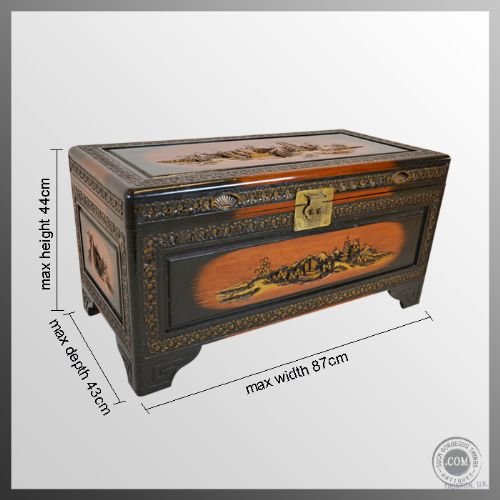fig 1. Camphor Wood Storage Trunk Shipping Chest Box Antique
Superb Carvings - Interior Shelf - Excellent Condition