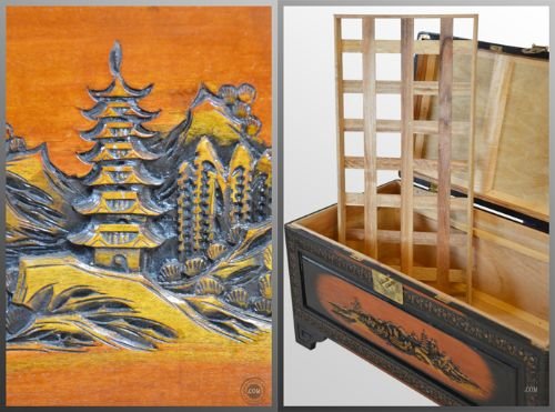 fig 2. Camphor Wood Storage Trunk Shipping Chest Box Antique
Superb Carvings - Interior Shelf - Excellent Condition