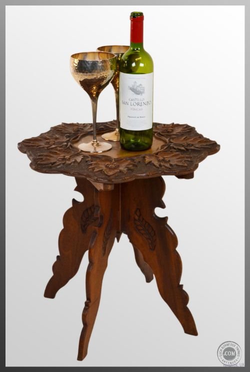 Antique Carved Wine Lamp Side Occasional Round Table
leaf Carved Upper - Great Condition - Folding Design