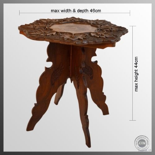 fig 1. Antique Carved Wine Lamp Side Occasional Round Table
Leaf Carved Upper - Great Condition - Folding Design