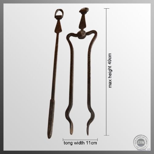 fig 1. Fire Tools Tongs & Poker Set Wrought Iron Antique c17th Hand Forged Pair - Arrow Head Design - Companion Set
