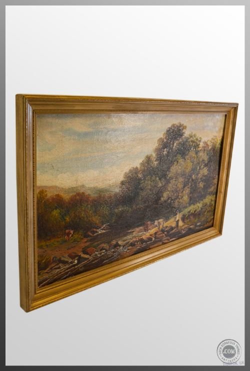 Antique Art Oil Painting on Canvas English School C1870 Cattle and Drover Scene