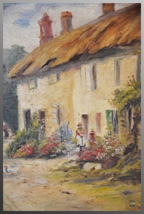 Antique Art Oil Painting on Board English School C1900 Thatched Houses & Church