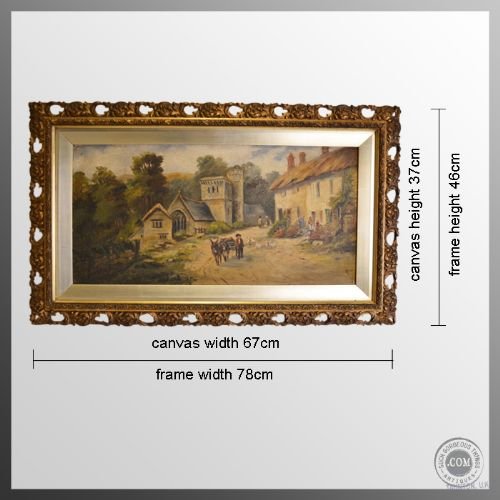 fig 1. Antique Art Oil Painting on Board English School c1900 Thatched Houses & Church
