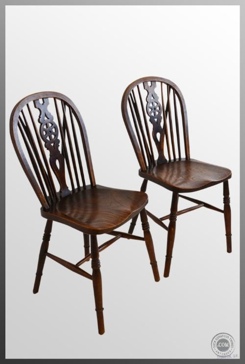 Pair of Two 2 Kitchen Dining Antique Windsor Stickback Elm Country Chairs C1880