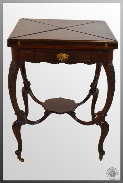fig 3. Antique Envelope Folding Games Card Table Victorian With Castors & Drawer c1860