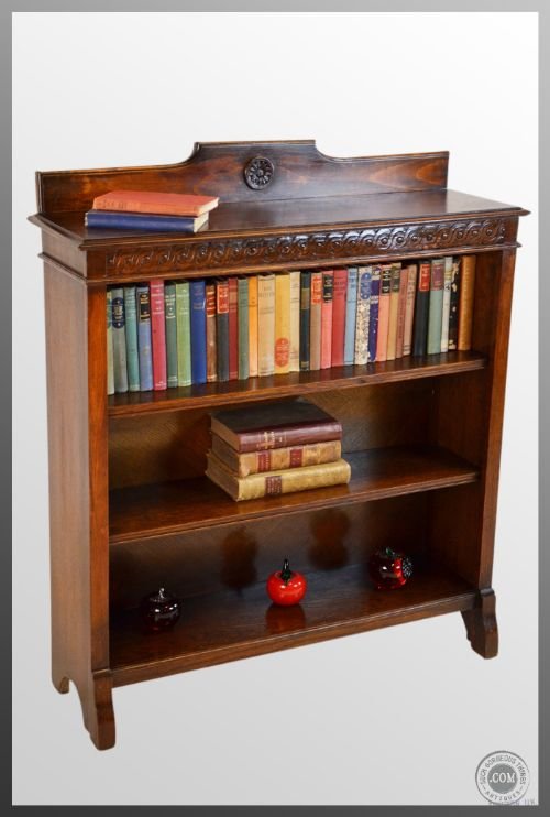 Antique Oak Open Bookcase Triple Shelf Library Cabinet C1920 Excellent Condition