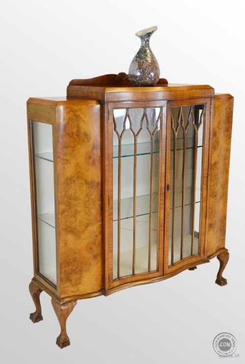 Art Deco Burr Walnut Glazed Display China Cabinet C1920