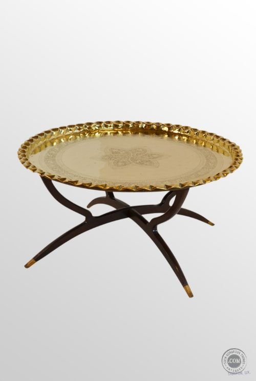 Antique Berber Benares Brass Round Tray Serving Table on Folding Stand C1900
