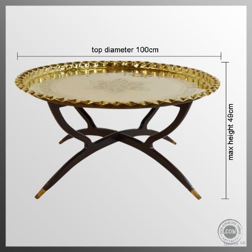 fig 1. Antique Berber Benares Brass Round Tray Serving Table On Folding Stand c1900