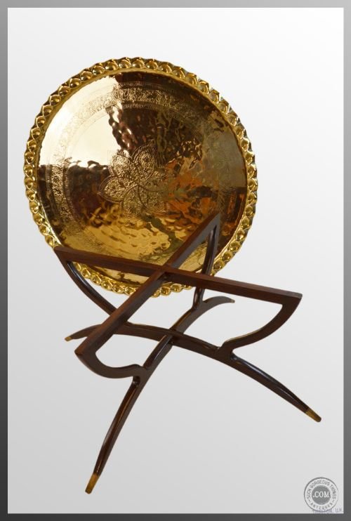 fig 2. Antique Berber Benares Brass Round Tray Serving Table On Folding Stand c1900