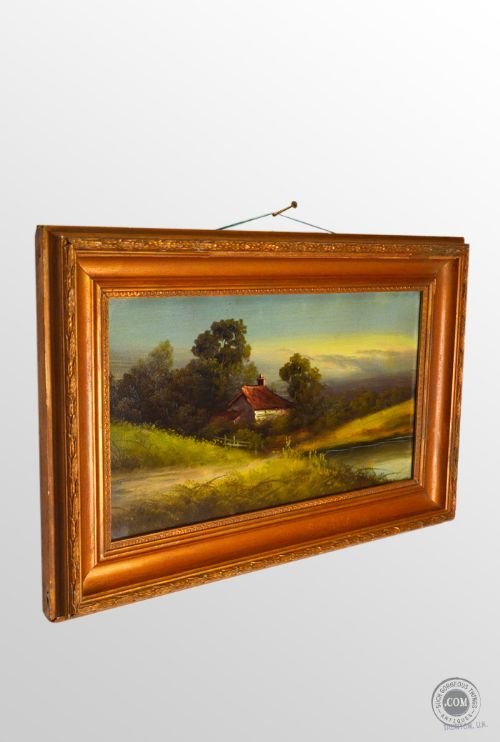 Antique Art Oil Painting on Board English School C1870 Classic Cottage Scene