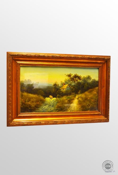 Antique Art Oil Painting on Board English School C1870 Wooded Cottage Scene