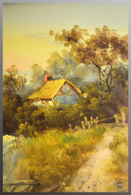 fig 2. Antique Art Oil Painting on Board English School c1870 Wooded Cottage Scene