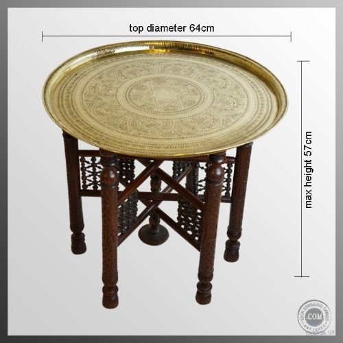 fig 1. Antique Berber Benares Brass Round Tray Serving Table On Folding Stand c1900