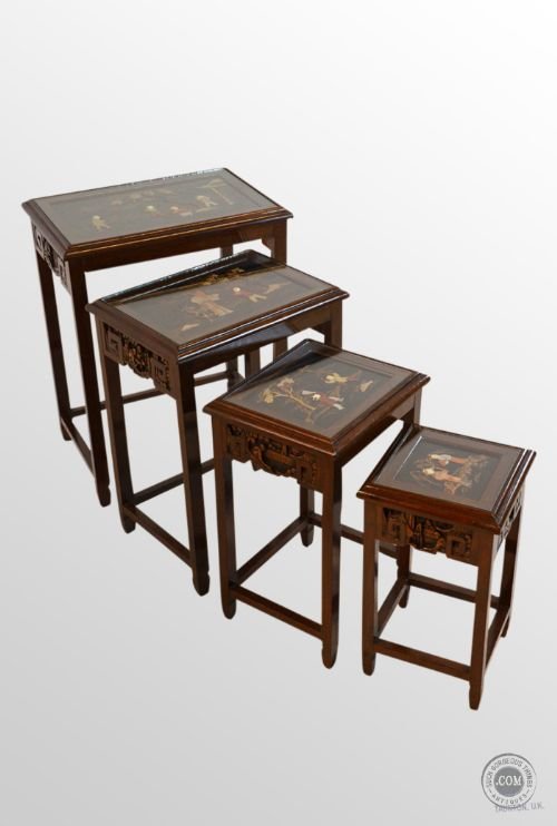 Antique Quartetto Nest Set of Hardwood Tables Oriental with Gilt & Stone Inlay