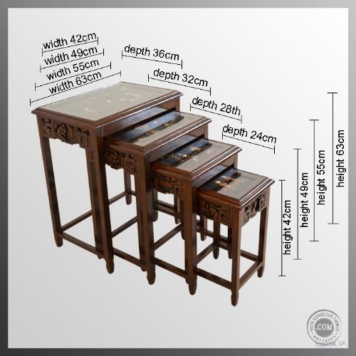 fig 1. Antique Quartetto Nest Set of Hardwood Tables Oriental With Gilt & Stone Inlay