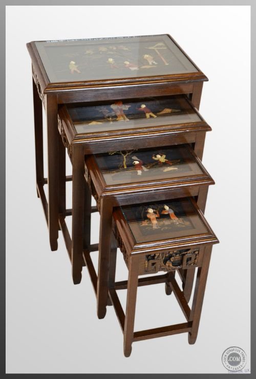 fig 2. Antique Quartetto Nest Set of Hardwood Tables Oriental With Gilt & Stone Inlay