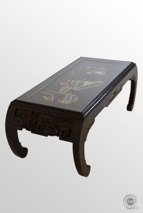 Antique Hardwood Coffee Low Occasional Table Oriental with Gilt & Stone Inlay