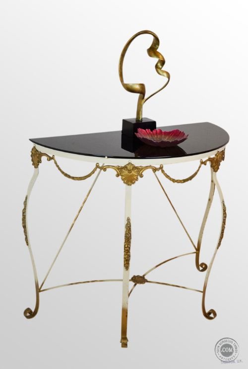 Art Deco Console Demi-lune Table Wrought Iron Original Vitrolite Glass Top C1930