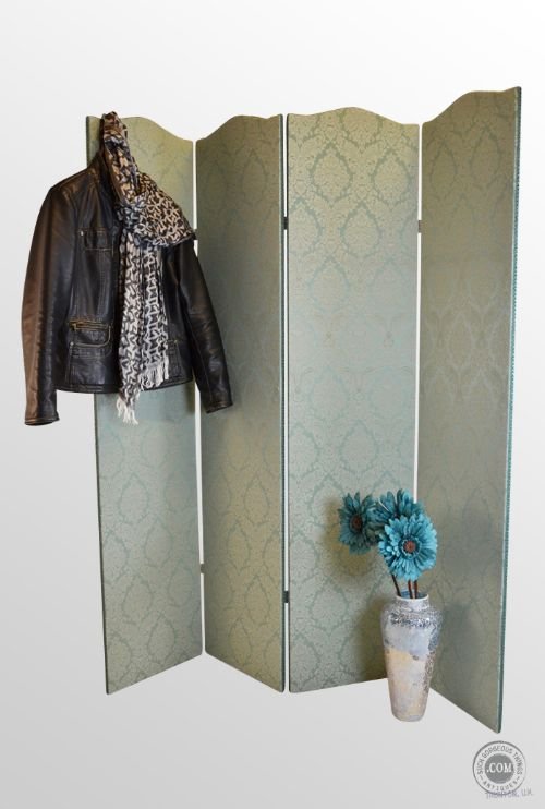 Antique Folding Four Section Serpentine Top Fabric Screen Room Divider Partition