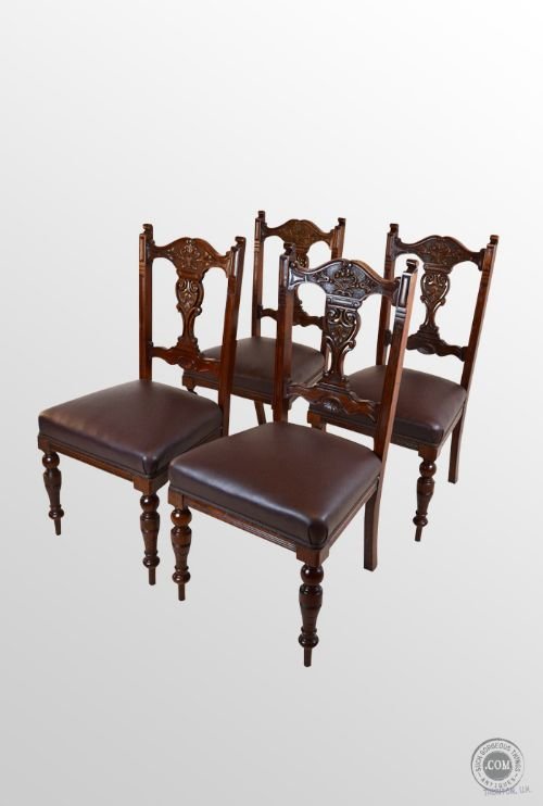Set 4 Four Antique Mahogany Dining Chairs Upholstered with Faux Leather C1880