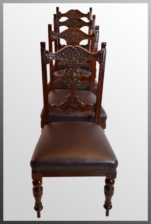 fig 3. Set 4 Four Antique Mahogany Dining Chairs Upholstered With Faux Leather c1880