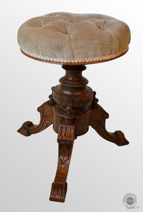 Oak Antique Piano Music Upholstered Stool C1850 Height Adjustable Rotating Seat