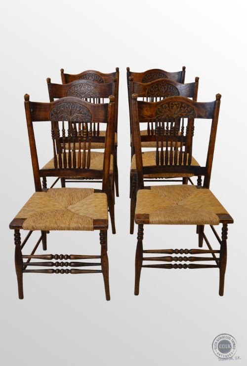 Set of Six 6 Kitchen Dining Antique Rush Seat Oak Frame Country Chairs C1880
