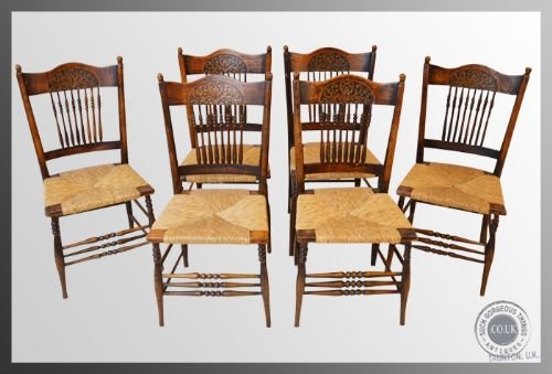 fig 3. Set of Six 6 Kitchen Dining Antique Rush Seat Oak Frame Country Chairs c1880