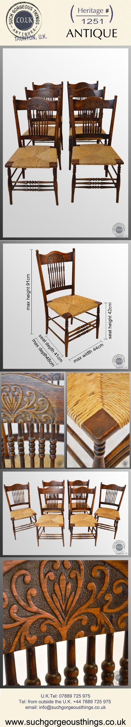 fig 4. Set of Six 6 Kitchen Dining Antique Rush Seat Oak Frame Country Chairs c1880