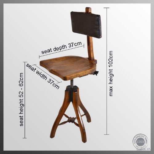 fig 1. Oak Tall Clerks Stool Height Adjustable Rotating Seat Industrial Design c1920