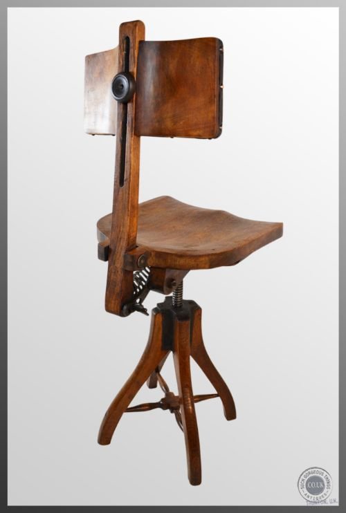 fig 2. Oak Tall Clerks Stool Height Adjustable Rotating Seat Industrial Design c1920