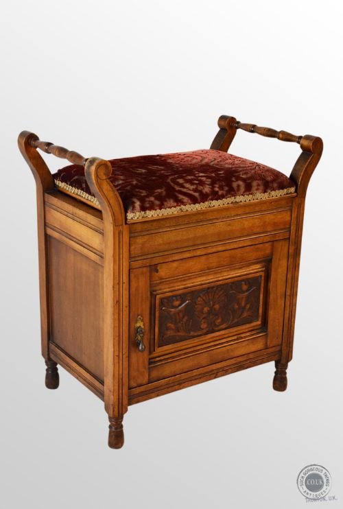 Antique Walnut Music Cabinet & Stool with Cupboard - Upholstered Seat C1900