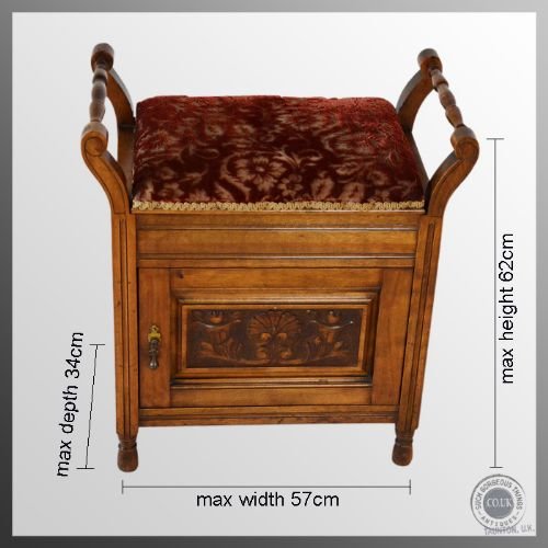 fig 1. Antique Walnut Music Cabinet & Stool with Cupboard - Upholstered Seat c1900