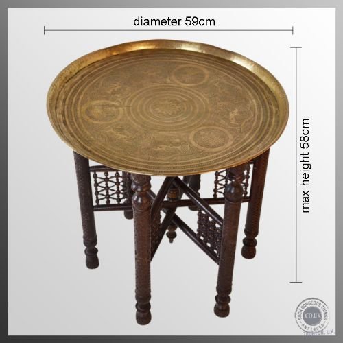 fig 1. Antique Berber Benares Brass Round Tray Serving Table On Folding Stand c1900