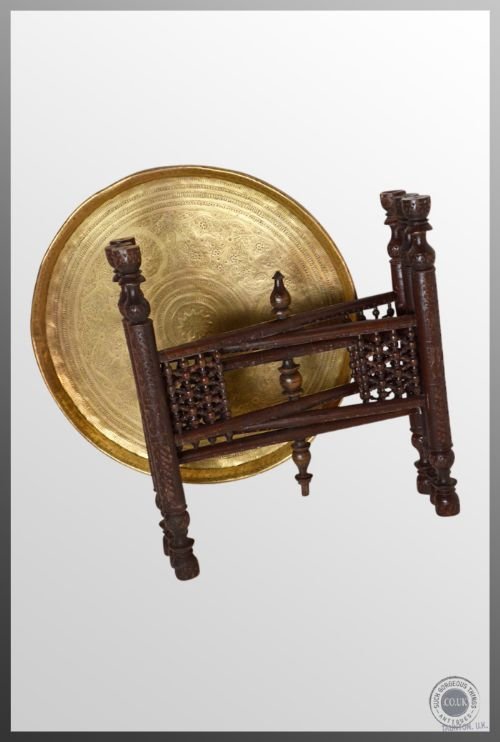 fig 2. Antique Berber Benares Brass Round Tray Serving Table On Folding Stand c1900