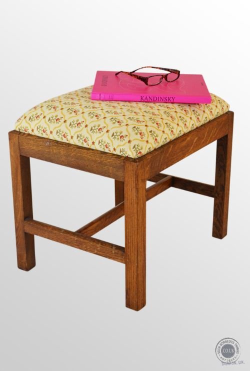 Oak Dressing Stool Antique Upholstered Seat Footstool C1900