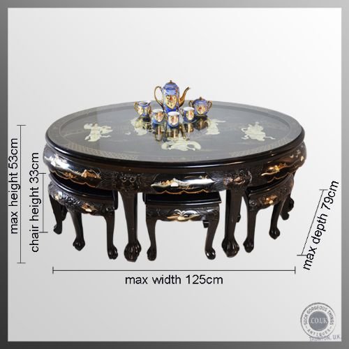 fig 1. Antique Oriental Tea Table & Chairs Hardwood Coffee Low Occasional Table