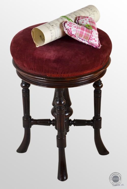Fine Mahogany Antique Piano Music Upholstered Revolving Stool C1850