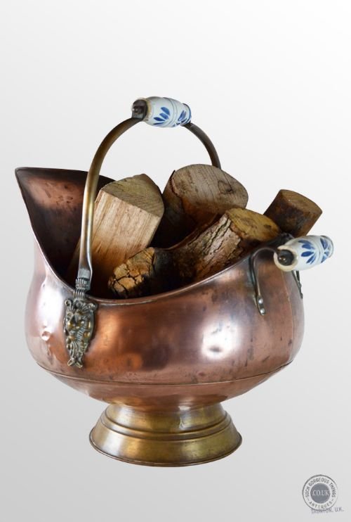 Antique Log Bucket Coal Helmet Scuttle Copper & Brass China Handles C1900