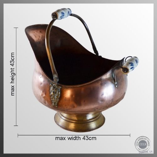 fig 1. Antique Log Bucket Coal Helmet Scuttle Copper & Brass China Handles c1900