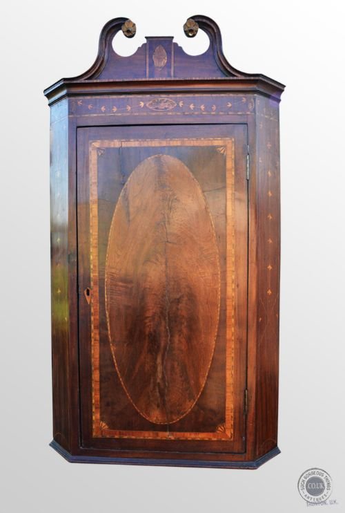 Antique Georgian Corner Cupboard Cabinet Fine Inlay & Swan Neck Pediment C1750