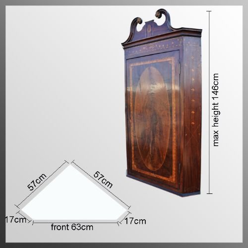 fig 1. Antique Georgian Corner Cupboard Cabinet Fine Inlay & Swan Neck Pediment c1750