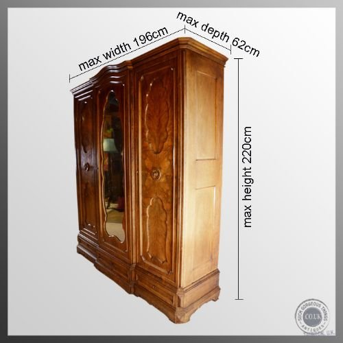 fig 1. Antique Burr Walnut Large Triple Wardrobe Armoire Victorian Mirrored c1870
